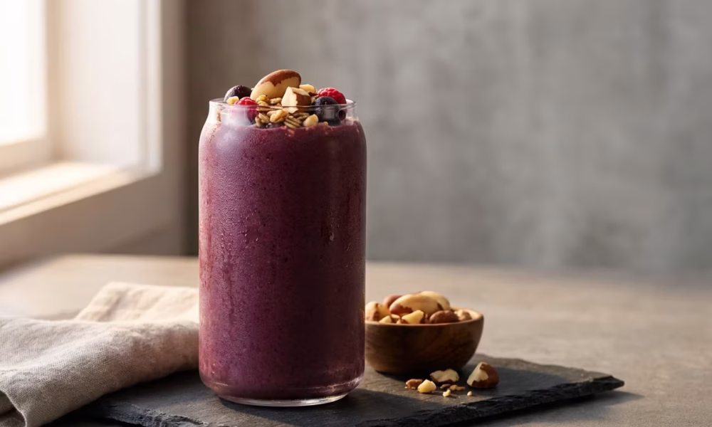 Copo com smoothie proteico de açaí decorado com castanhas do pará sobre superfície escura representando nutrição de alta performance