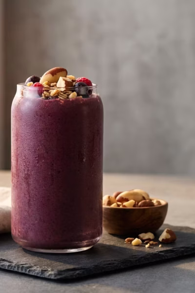 Copo com smoothie proteico de açaí decorado com castanhas do pará sobre superfície escura representando nutrição de alta performance