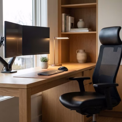 Escritório residencial moderno com cadeira ergonômica e estação de trabalho organizada representando a proteção da coluna e produtividade