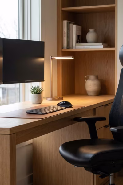 Escritório residencial moderno com cadeira ergonômica e estação de trabalho organizada representando a proteção da coluna e produtividade