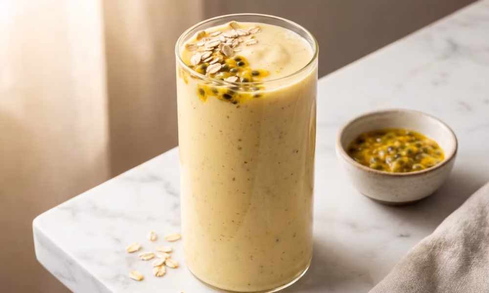 Copo com smoothie cremoso de maracujá e aveia decorado com sementes sobre superfície clara representando nutrição e energia para alta performance