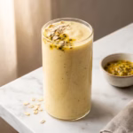Copo com smoothie cremoso de maracujá e aveia decorado com sementes sobre superfície clara representando nutrição e energia para alta performance