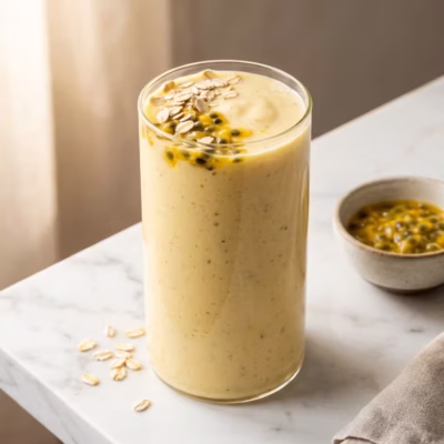 Copo com smoothie cremoso de maracujá e aveia decorado com sementes sobre superfície clara representando nutrição e energia para alta performance