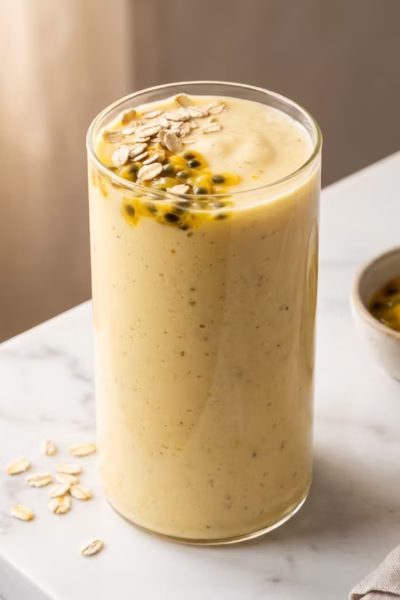 Copo com smoothie cremoso de maracujá e aveia decorado com sementes sobre superfície clara representando nutrição e energia para alta performance