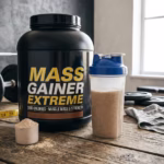 Pote de suplemento hipercalorico e shaker para ilustrar ganho de massa muscular