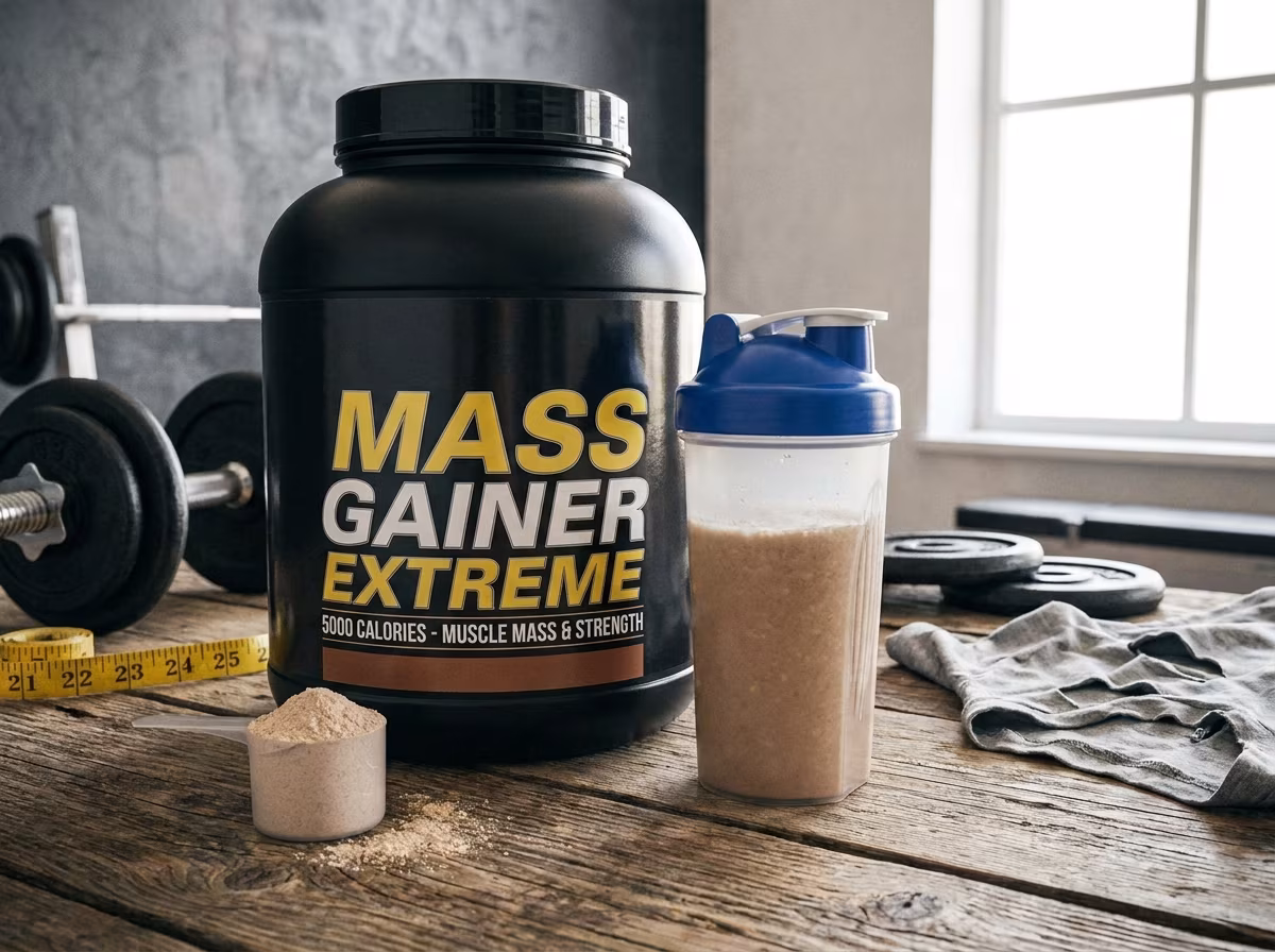 Pote de suplemento hipercalorico e shaker para ilustrar ganho de massa muscular